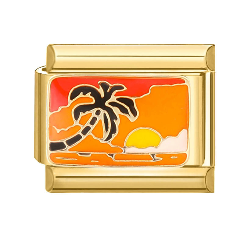 Eslabón dorado con atardecer y palmera