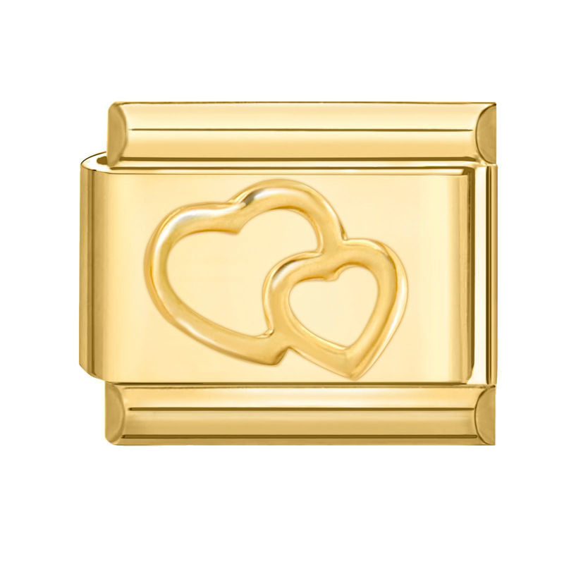 Eslabón dorado con dos corazones entrelazados