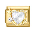 Eslabón dorado con corazón transparente y anillo orbital