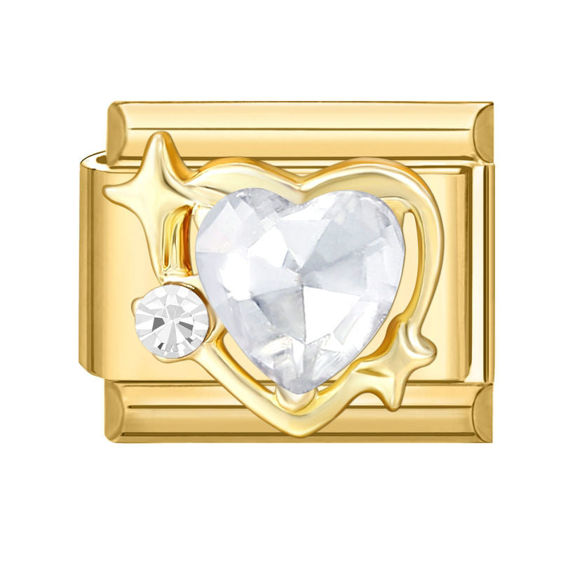 Eslabón dorado con corazón transparente y anillo orbital
