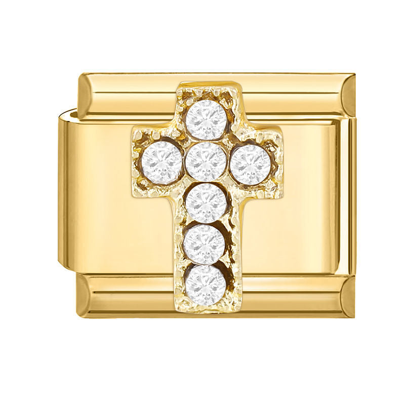 Eslabón dorado con cruz de circonitas blancas