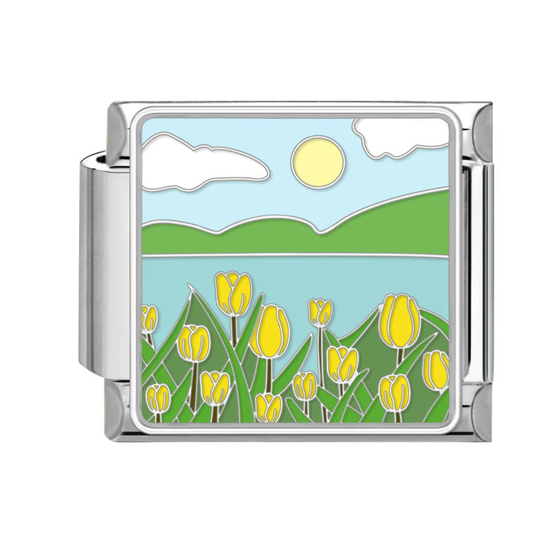 Tulipanes amarillos junto al lago