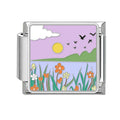 Paisaje con pájaros y flores