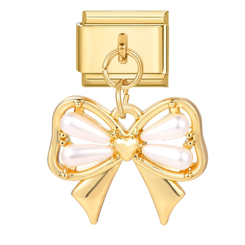 Colgante lazo dorado con perlas