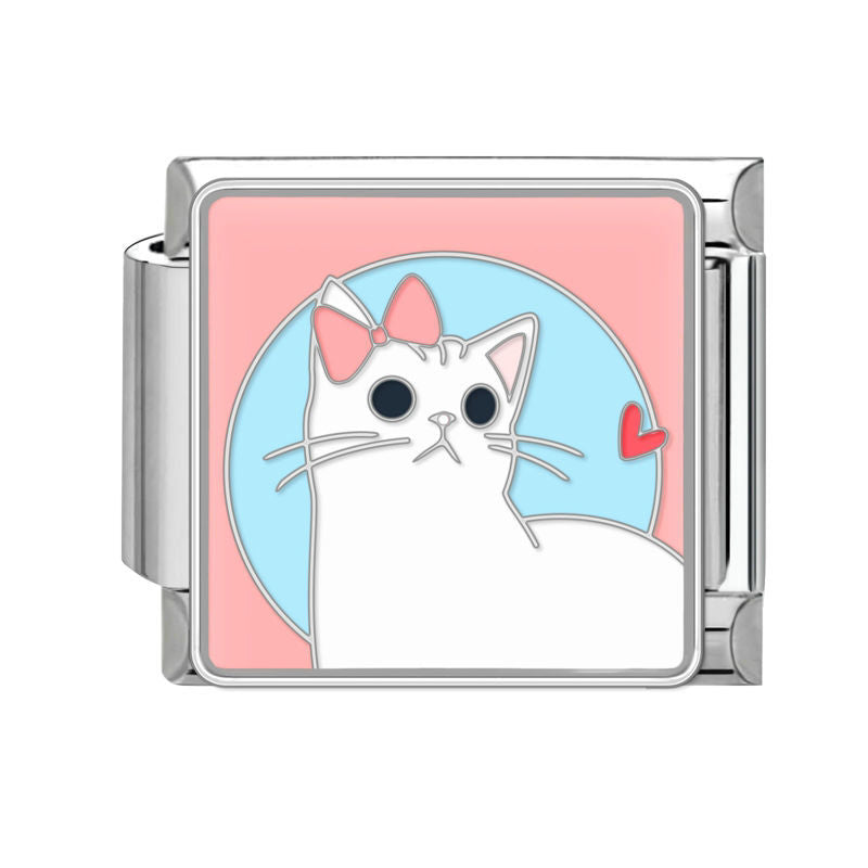 Gata blanca con lazo rosa