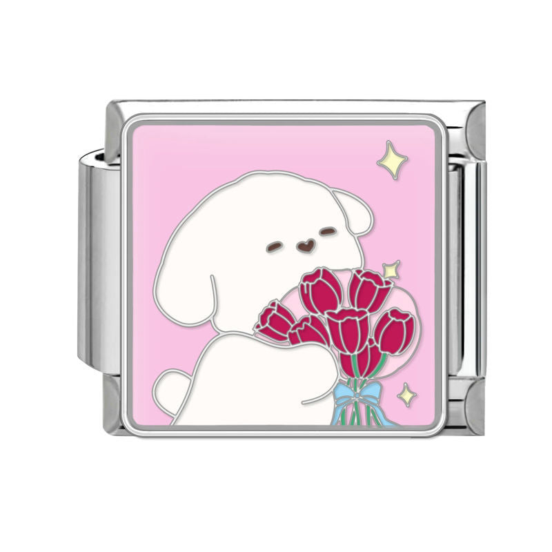 Perrito blanco con ramo de tulipanes