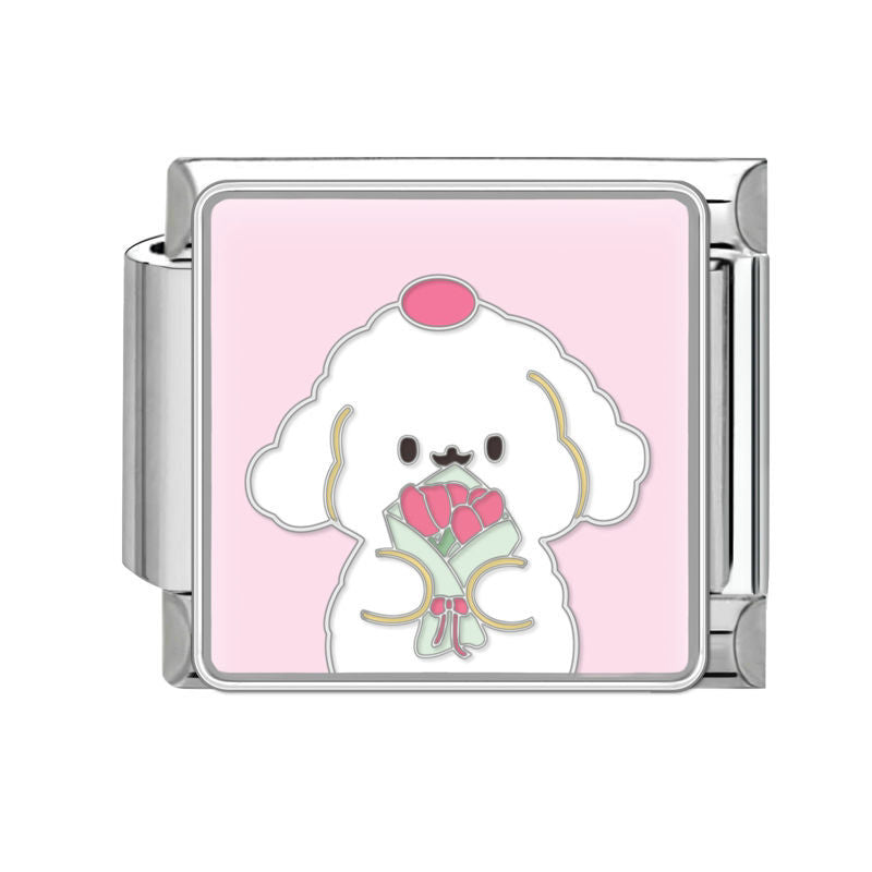 Perrito con tulipanes rosas