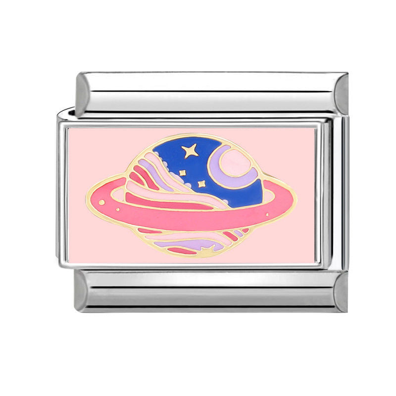 Planeta con anillo rosa y estrellas