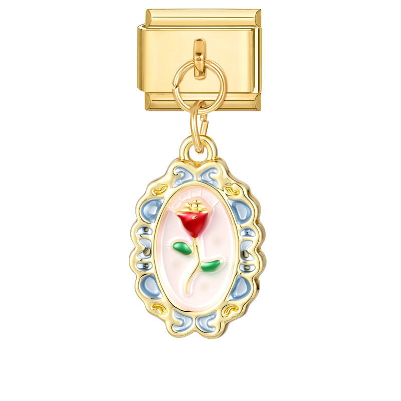 Colgante marco ovalado con rosa roja