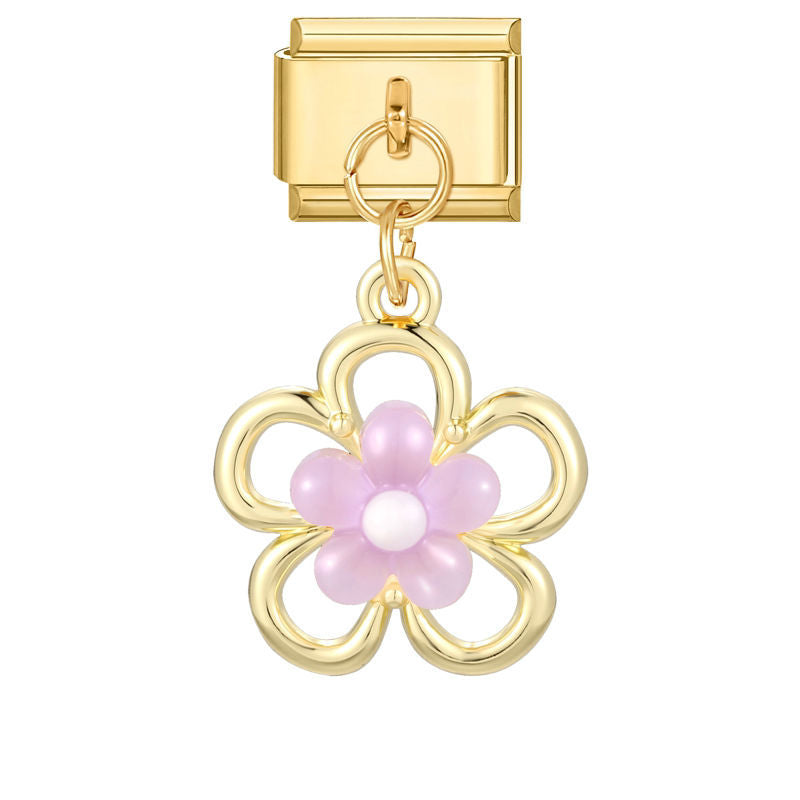 Colgante flor dorada con perlas lilas