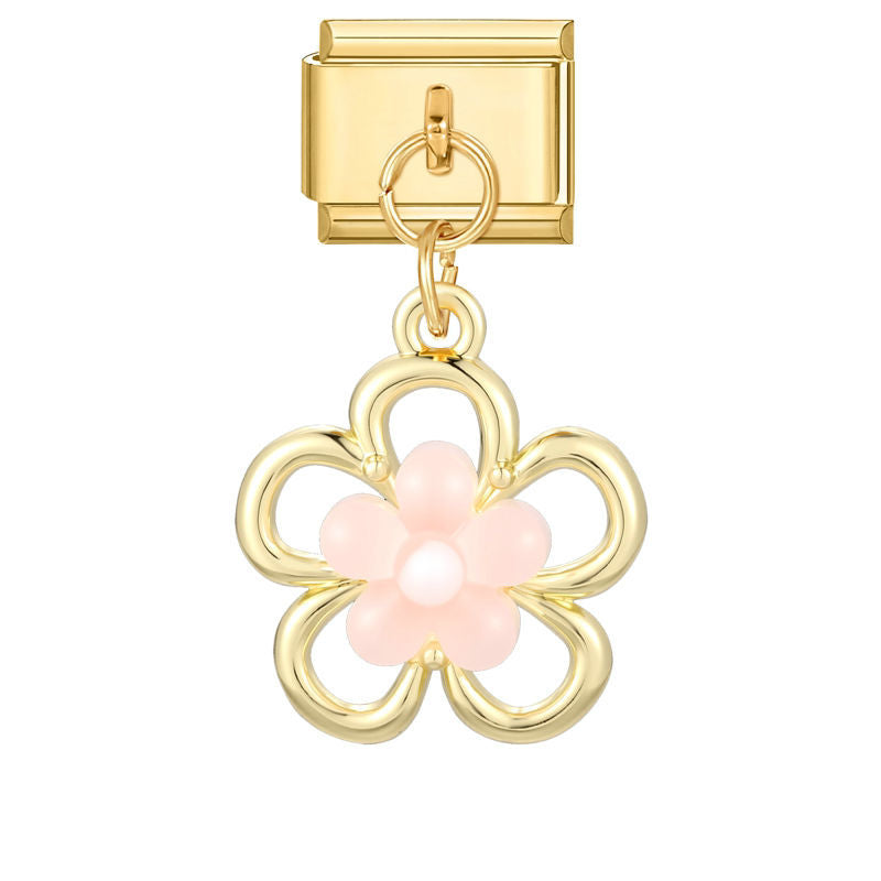 Colgante flor dorada con perlas rosa claro