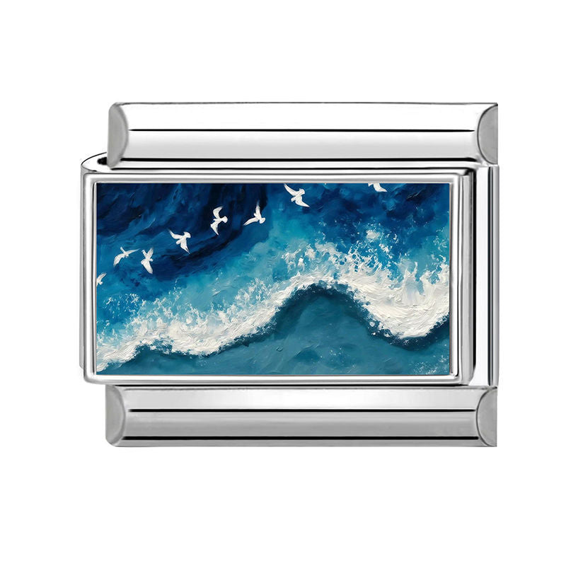 Pintura de olas con gaviotas