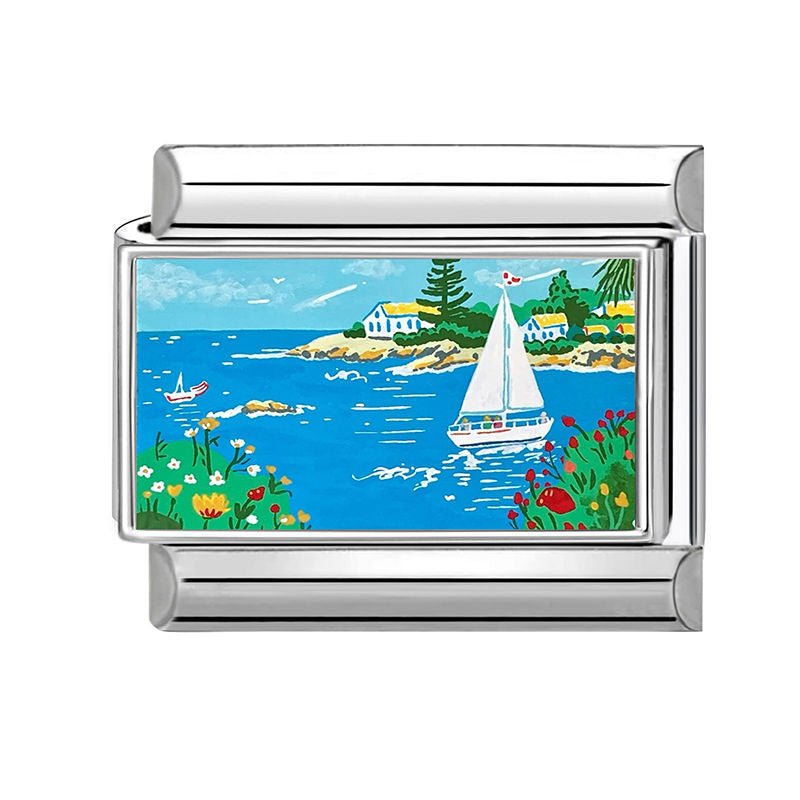 Velero en la bahía con flores
