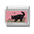 Gato negro con setas y flores