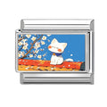 Gato blanco en tejado con flores de cerezo