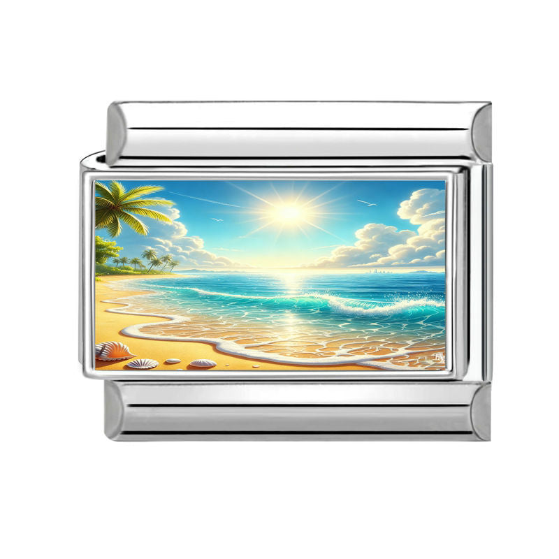Playa con palmeras y sol