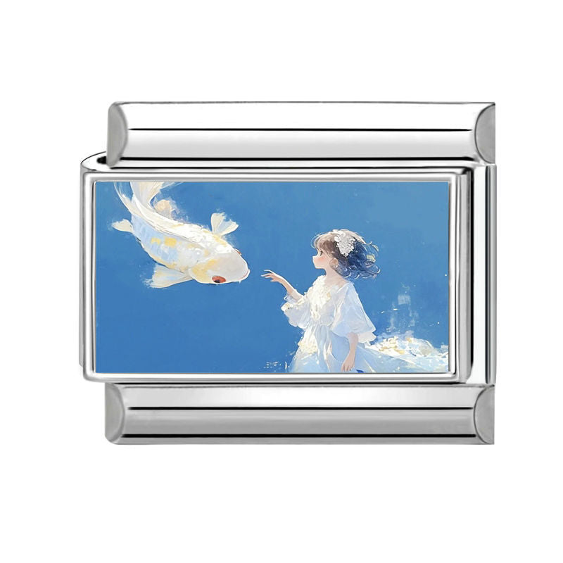 Niña con un pez koi