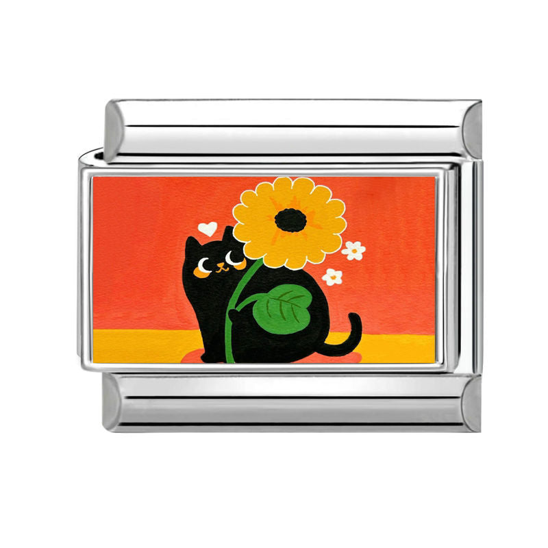 Gato negro con girasol