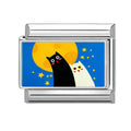 Gatos negro y blanco bajo la luna