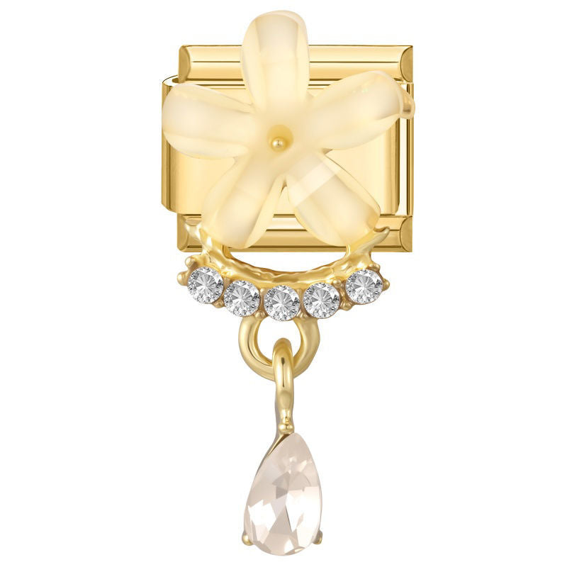 Flor blanca con circonitas y colgante de piedra rosa