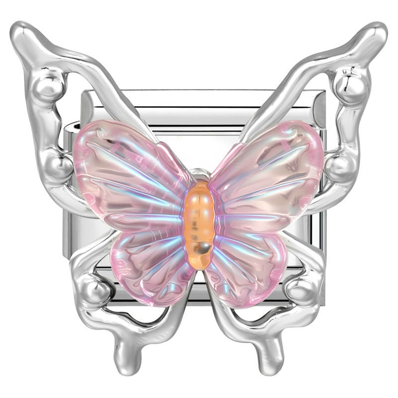 Eslabón con mariposa iridiscente rosa