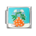 Jarrón naranja con flores azules
