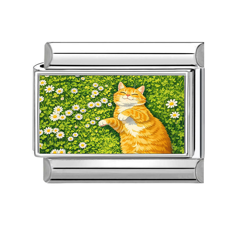 Gato naranja tumbado entre margaritas