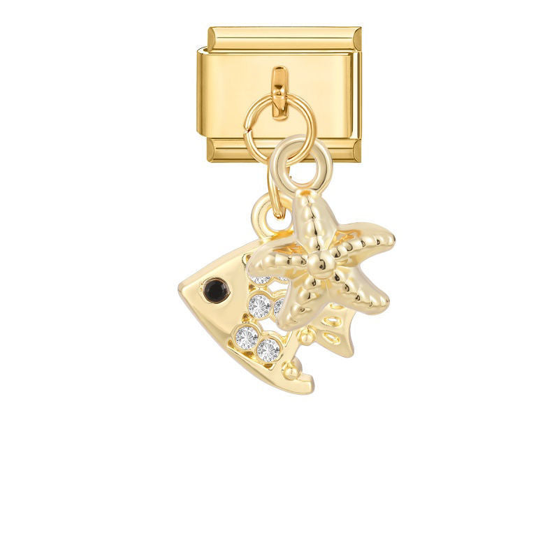 Colgante pez con circonitas y estrella de mar dorada
