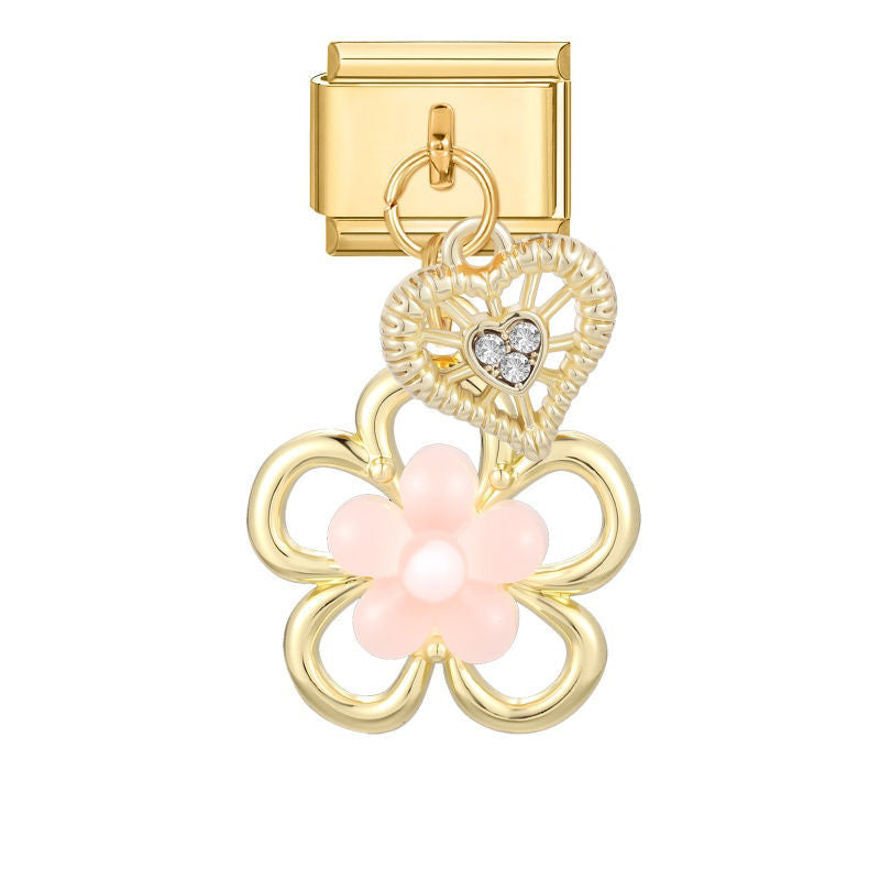 Colgante flor dorada con perlas rosa y corazón de circonitas