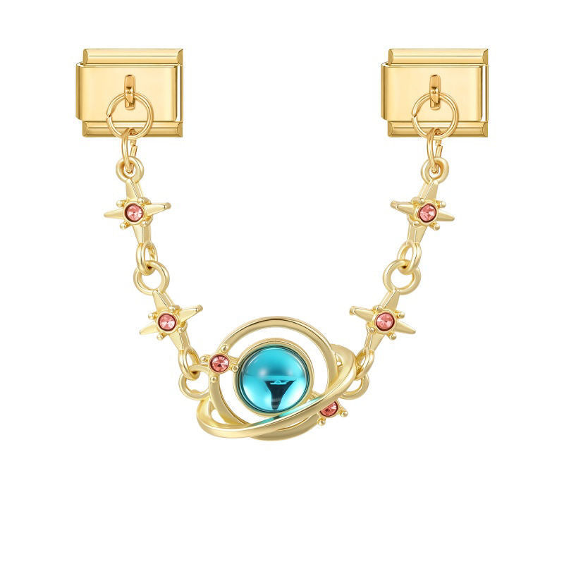 Cadena doble con planeta azul y estrellas rosas