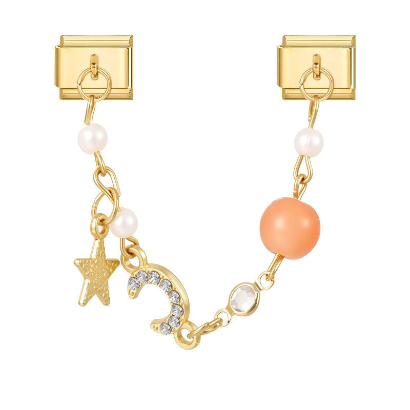 Cadena doble con estrella, luna de circonitas y perla coral