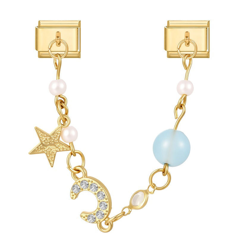 Cadena doble con estrella, luna de circonitas y perla azul