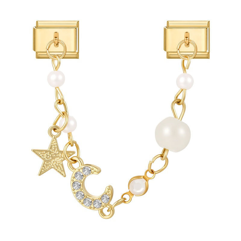 Cadena doble con estrella, luna de circonitas y perlas blancas