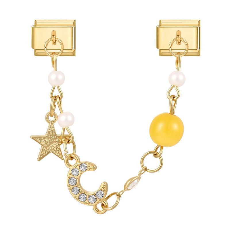 Cadena doble con estrella, luna de circonitas y perla amarilla