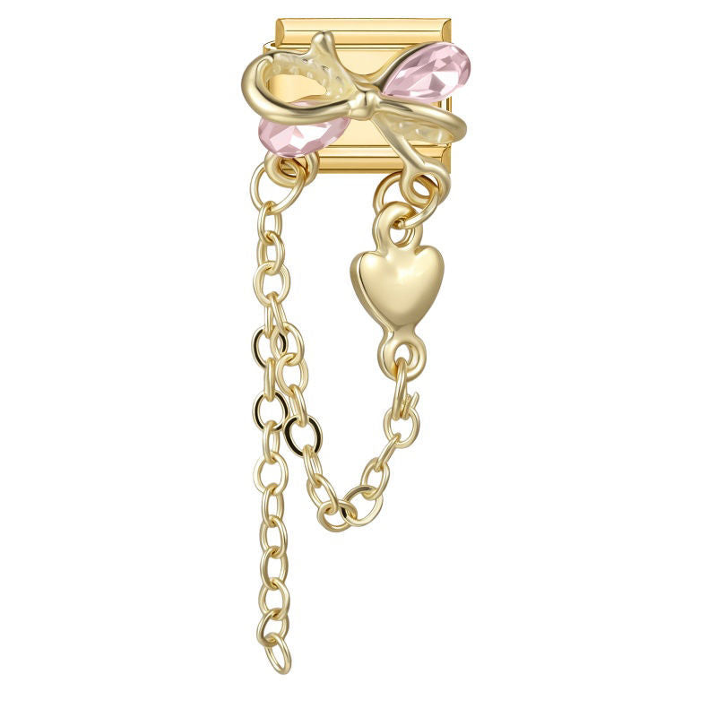 Lazo dorado con piedras rosas, cadena y corazón colgante
