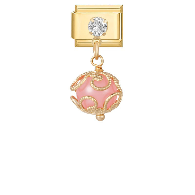 Colgante bola rosa con filigrana dorada y circonita