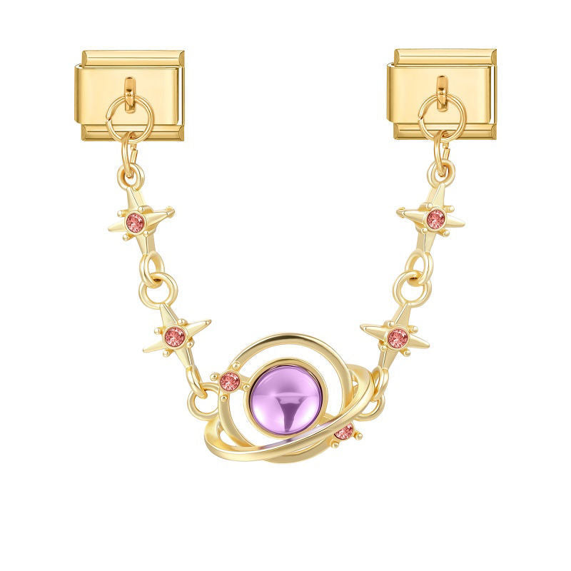 Cadena doble con planeta lila y estrellas rosas