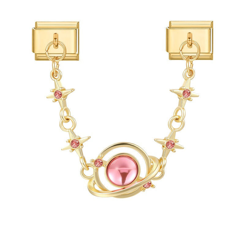 Cadena doble con planeta rosa y estrellas rosas