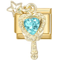 Espejo de mano dorado con piedra azul en forma de corazón y estrella