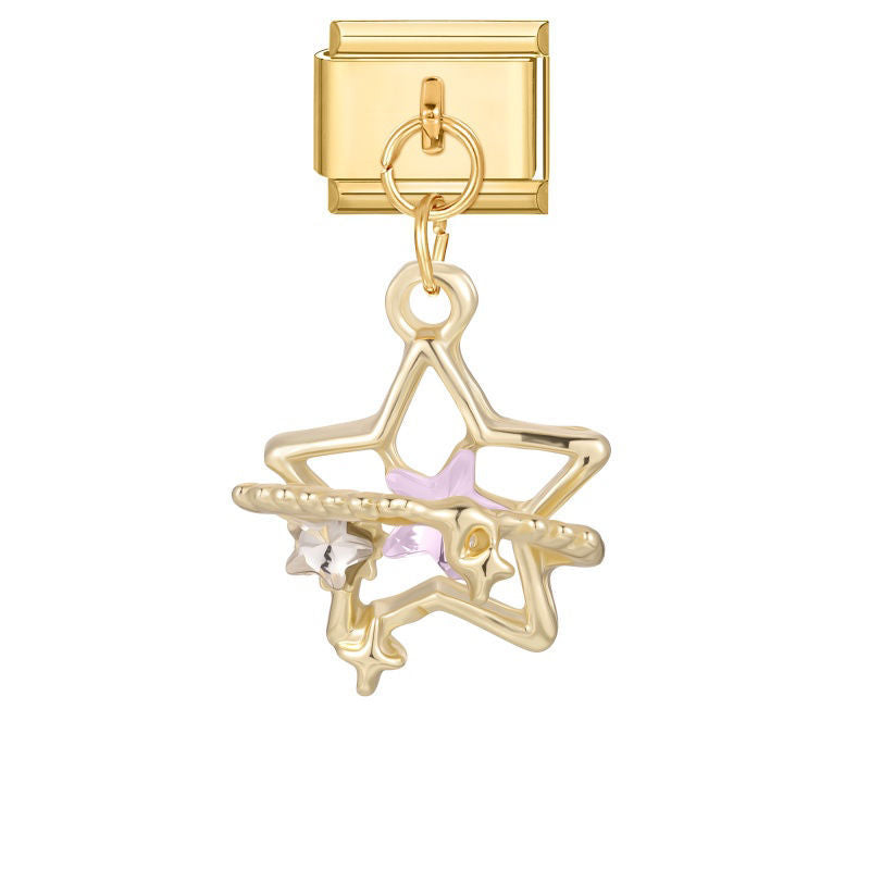 Estrella dorada calada con estrellas de cristal lila