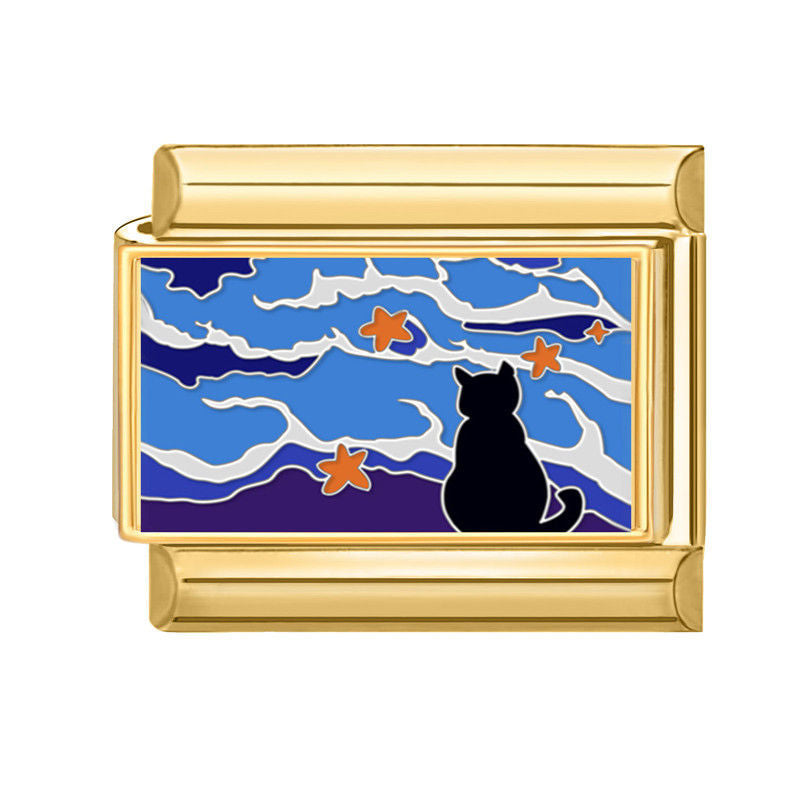 Gato negro con cielo estrellado