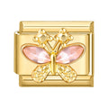 Mariposa dorada con circonitas rosas