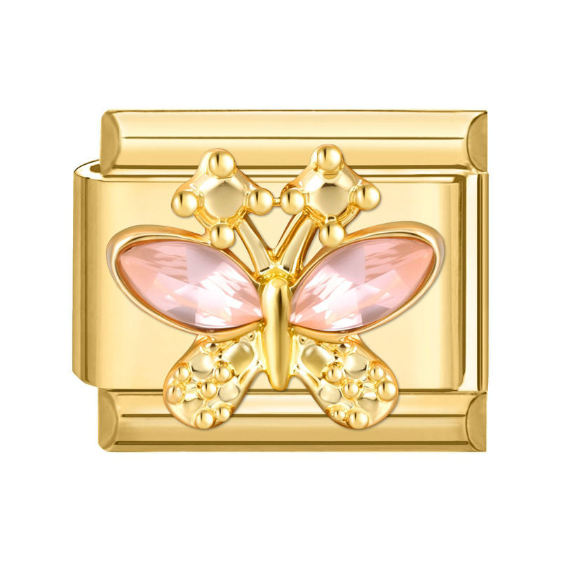 Mariposa dorada con circonitas rosas