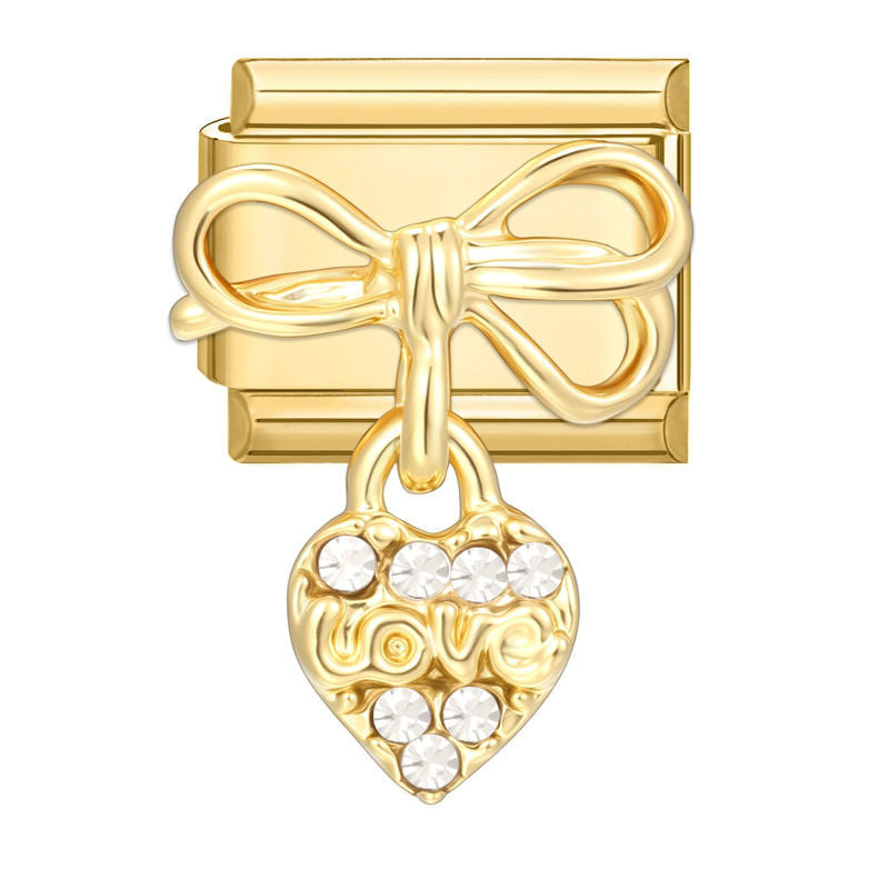 Lazo dorado con corazón "love" y circonitas colgante