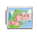 Paisaje con flores rosas