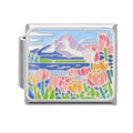 Paisaje con montañas y tulipanes