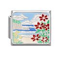 Paisaje costero con flores rojas