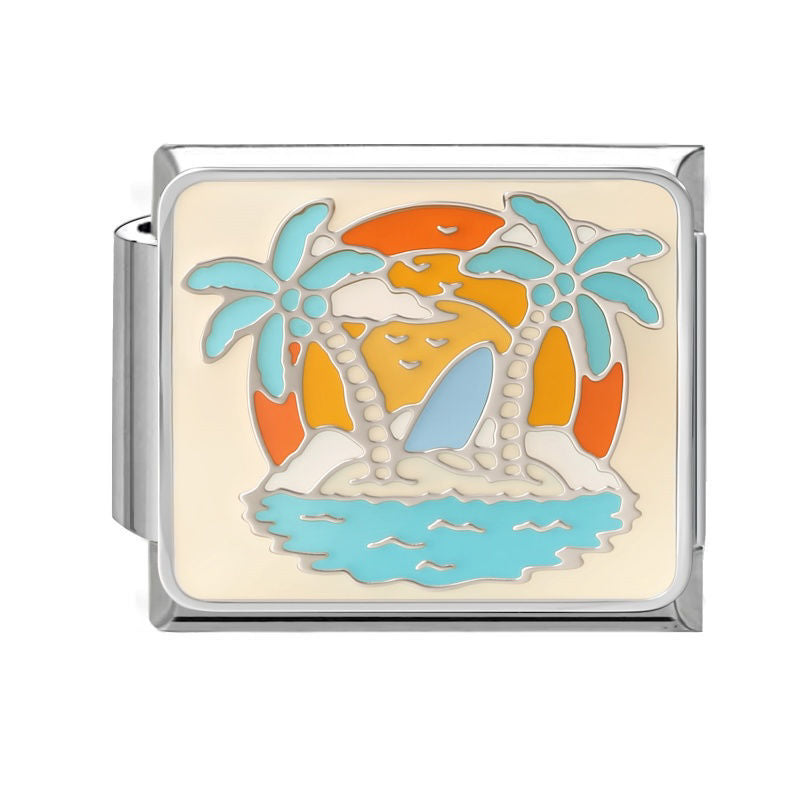Isla con palmeras y tabla de surf
