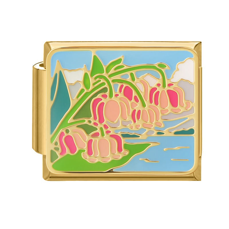 Paisaje con flores rosas colgantes