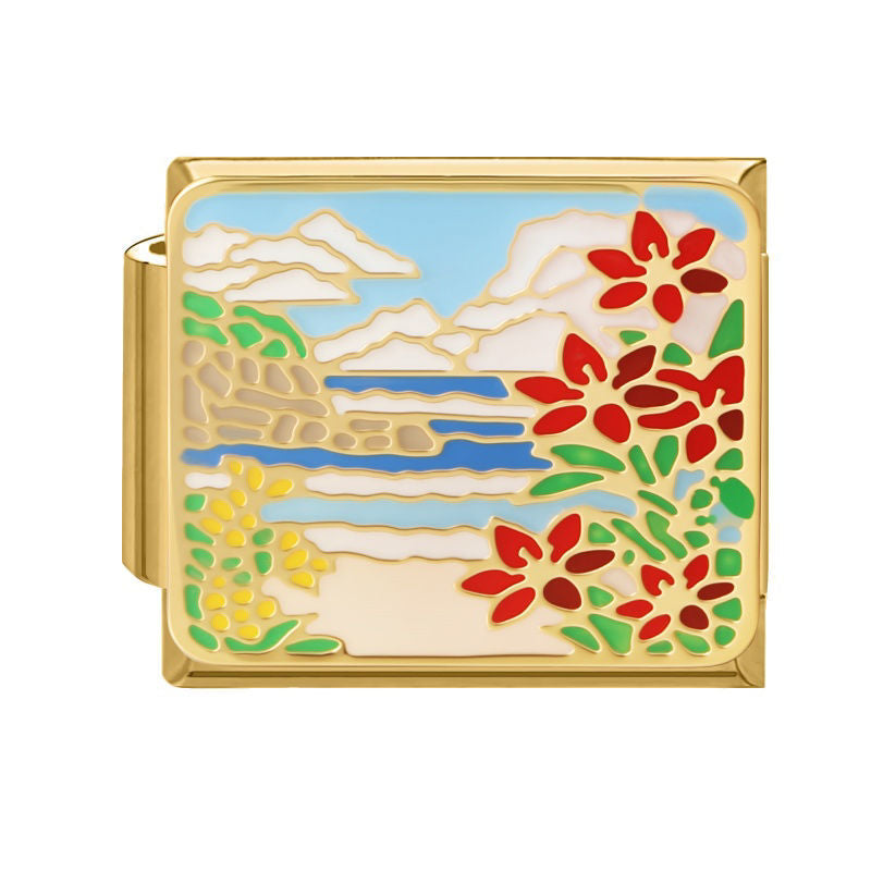 Paisaje con flores rojas y montañas
